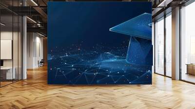 Glowing graduation cap polygonal low poly illustration on dark background.  Wall mural